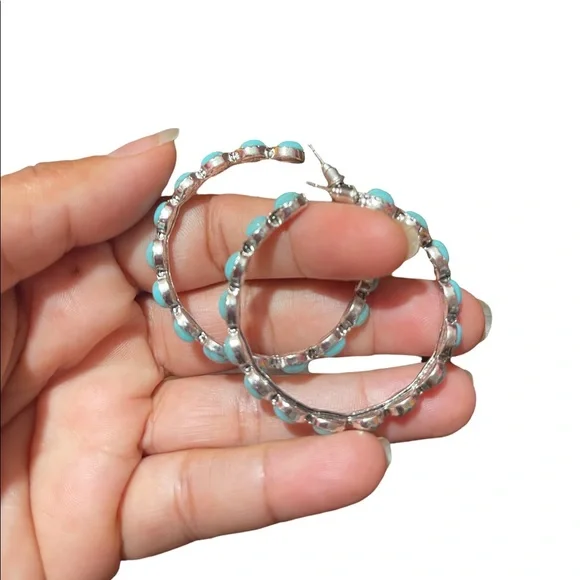 Beautiful Boho Turquoise and Silver Hoop Earrings - Picture 4 of 6